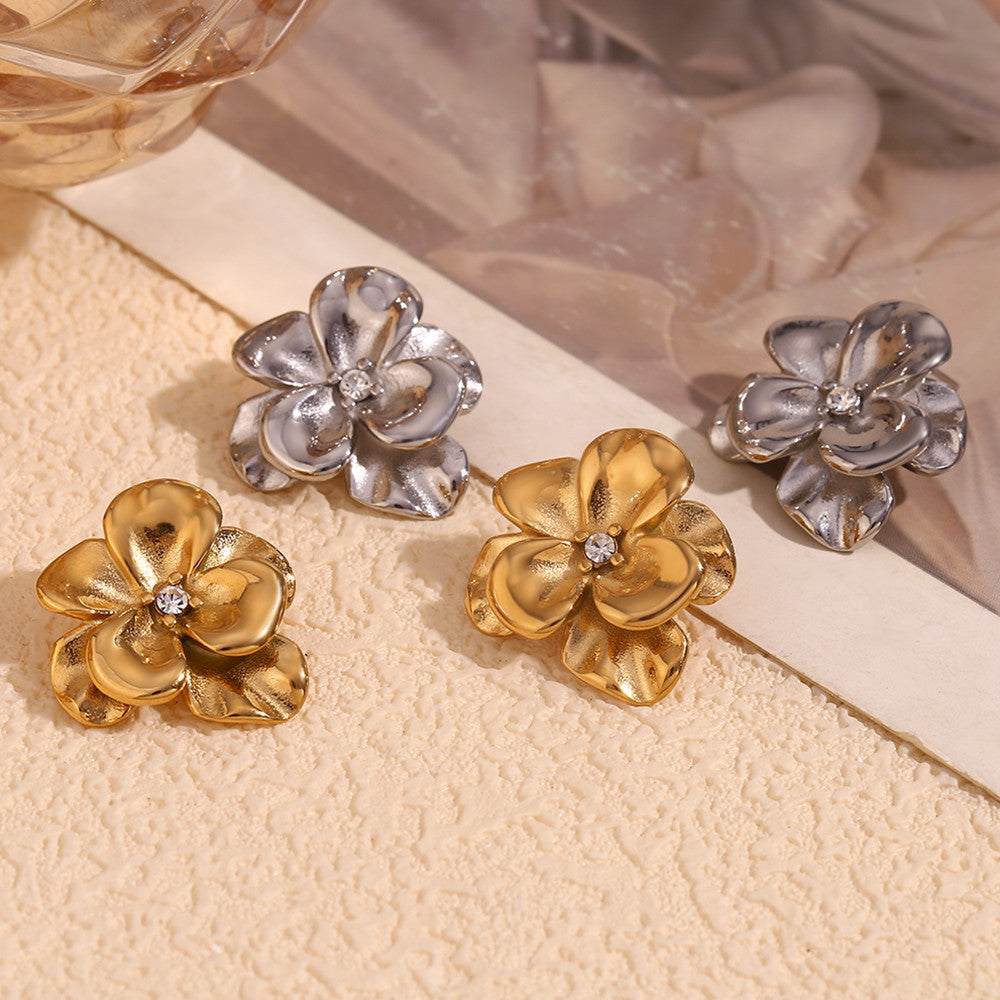 Stainless Steel Retro Flower Double Layer 18k Gold Silver Waterproof Earrings