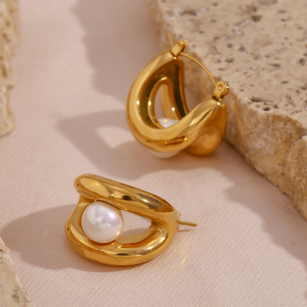 Stainless Steel Water Resistant Double Layers Synthetic Pearl Hoop Bling Earrings