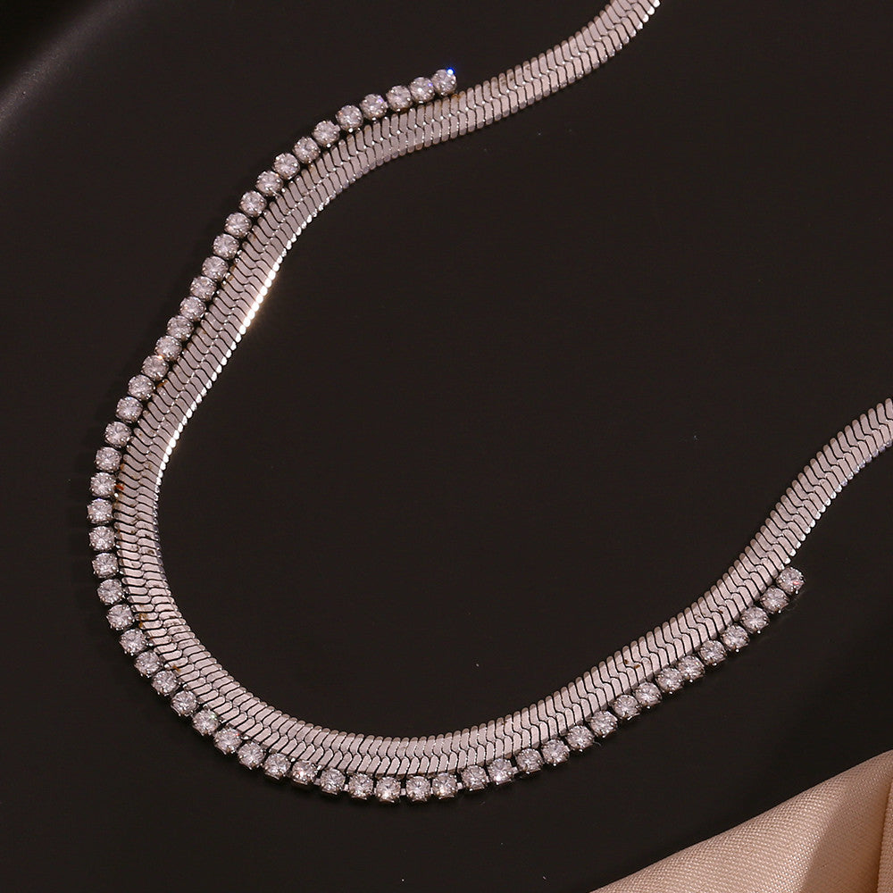 VVS Herringbone | Women's 18k Gold over Stainless Steel Diamond CZ Herringbone Chain Necklaces
