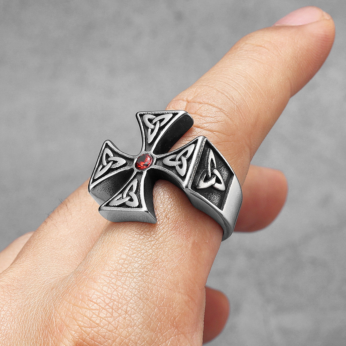 Celtic Knot | No Fade Solid Stainless Steel Biker Cross Red Stone Rings