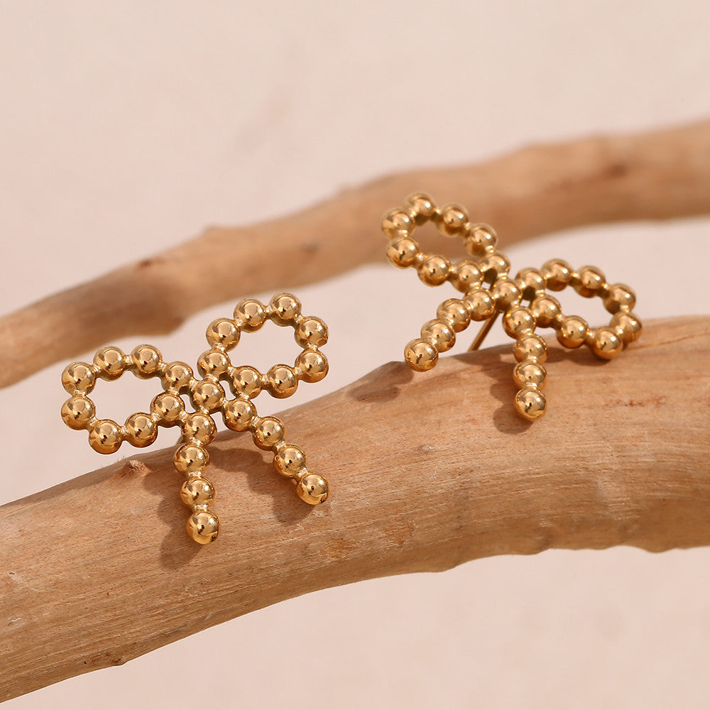 The Prize | 18k Gold Stainless Steel Waterproof Elegant Tiny Round Beads Bowknot Stud Earrings