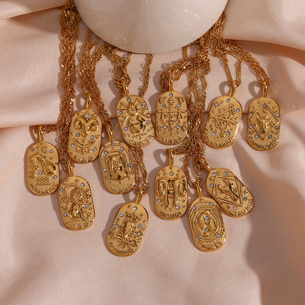 Womens 18k Gold Stainless Steel Hypoallergenic 12 Zodiac Sign Pendant Necklace