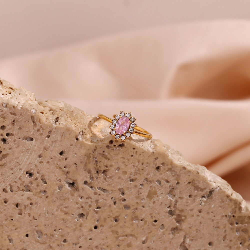 Waterproof 18k Gold Stainless Steel Oval Floral Shape Cubic Zirconia Stone Rings