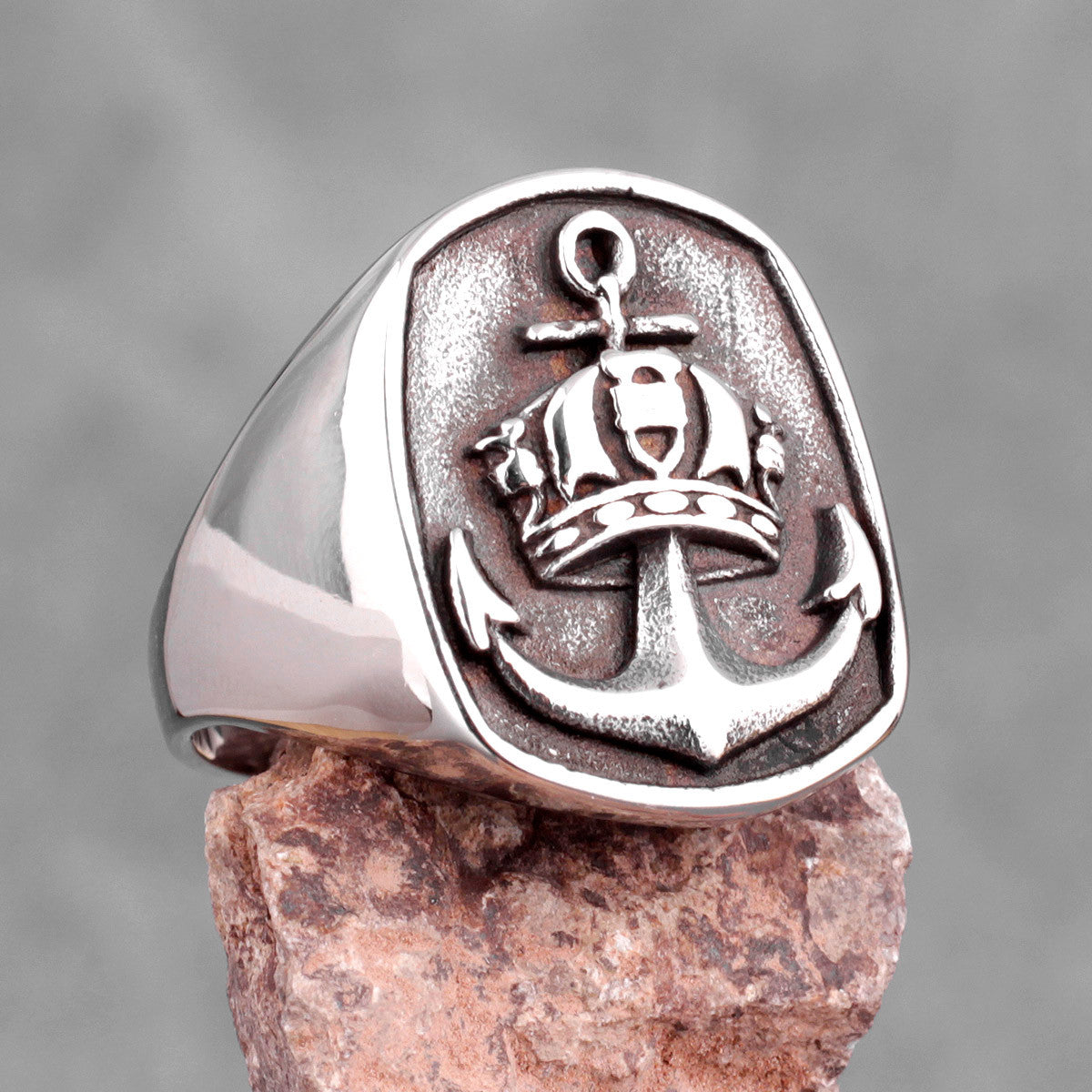 Antique Anchor | Solid Stainless Steel Crown Men's Nautical Anchor Rings