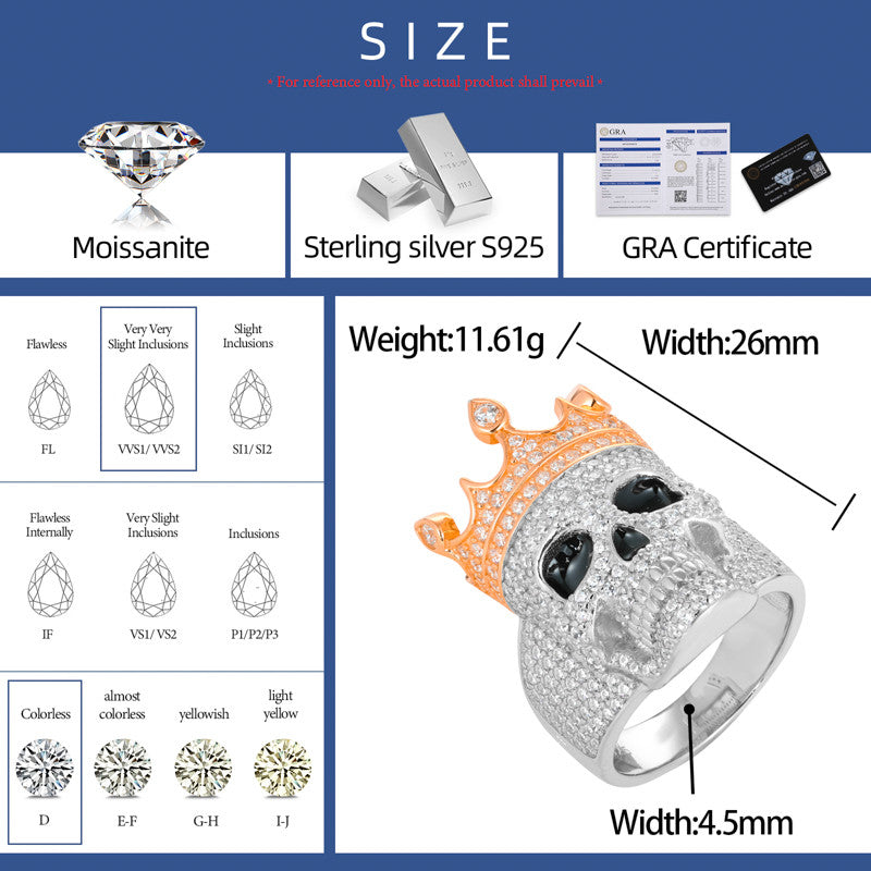 The Death Conqueror | Solid Sterling Silver Moissanite Diamond Crown Skull Hip Hop Ring