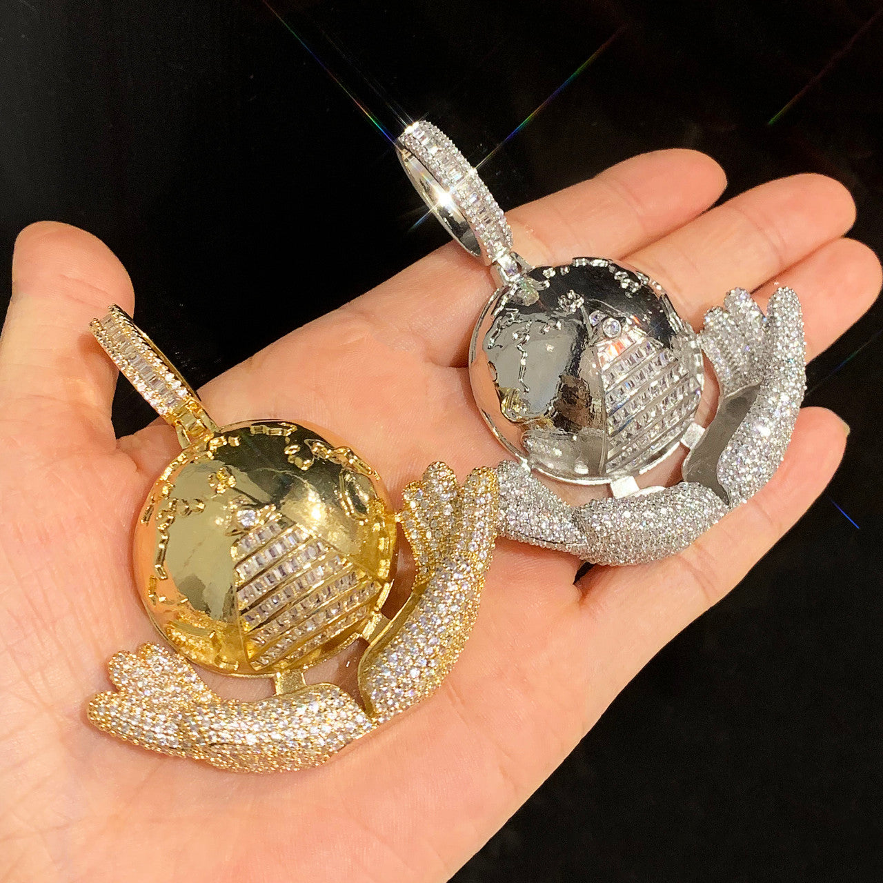 My World |  Iced Blinged Out Baguette The World In My Hands Pyramid Illumination Pendant