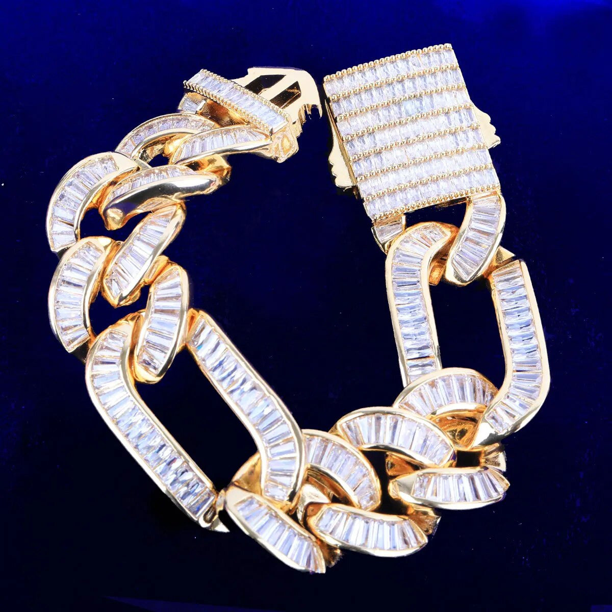 Mens 20mm 24k Gold 925 Silver All Baguette Figaro Hip Hop Bracelet