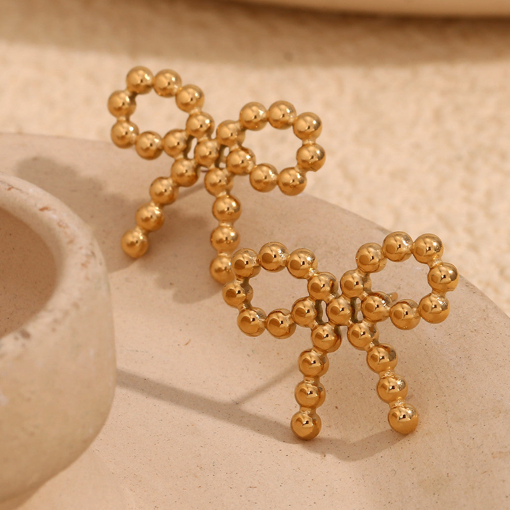 The Prize | 18k Gold Stainless Steel Waterproof Elegant Tiny Round Beads Bowknot Stud Earrings