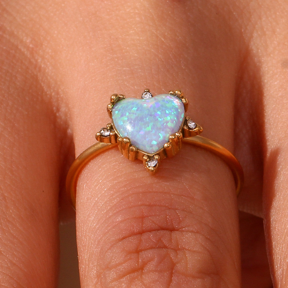 18k Gold Adjustable Circle Heart Sun Teardrop Natural Opal Stone Waterproof Rings