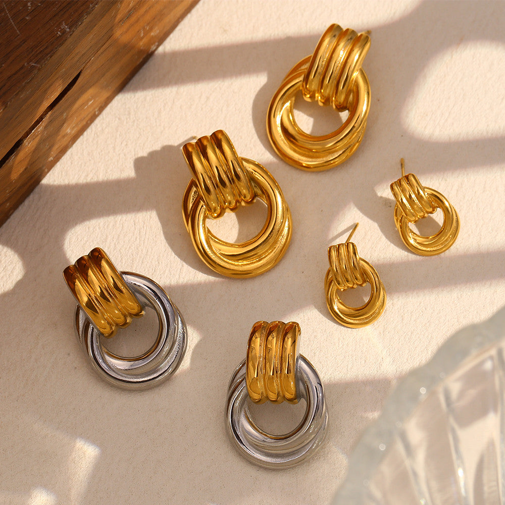 Ladies Classic Line Cross Circle Stud 18k Gold Tarnish Free Stainless Steel Earrings