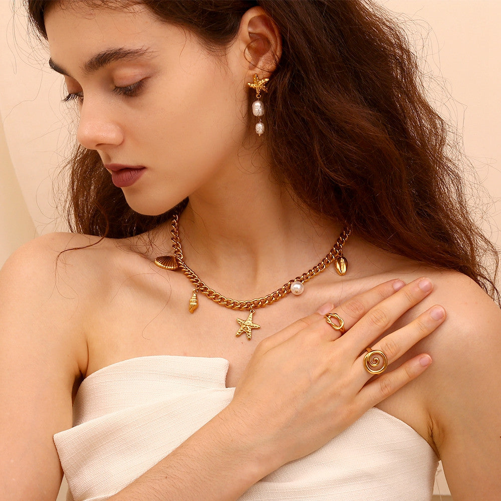 18k Gold Tarnish Free Stainless Steel Ocean Style Starfish Shells Pendant Necklace