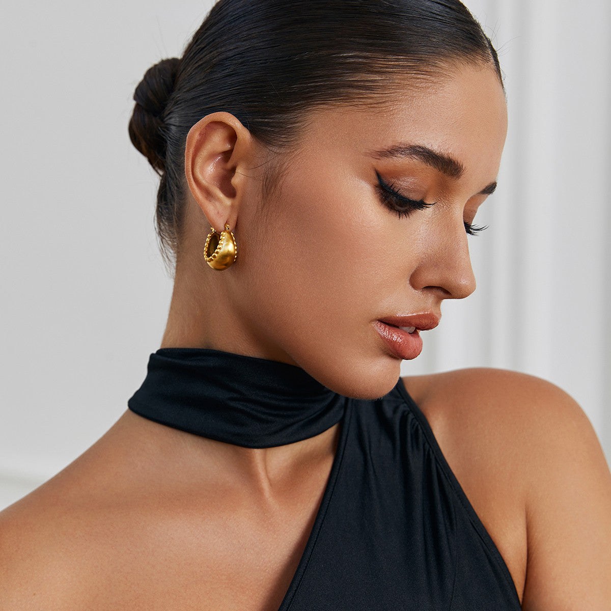 18k Gold Stainless Steel Lacework Basket Matte Golden Hoop Water Proof Earrings