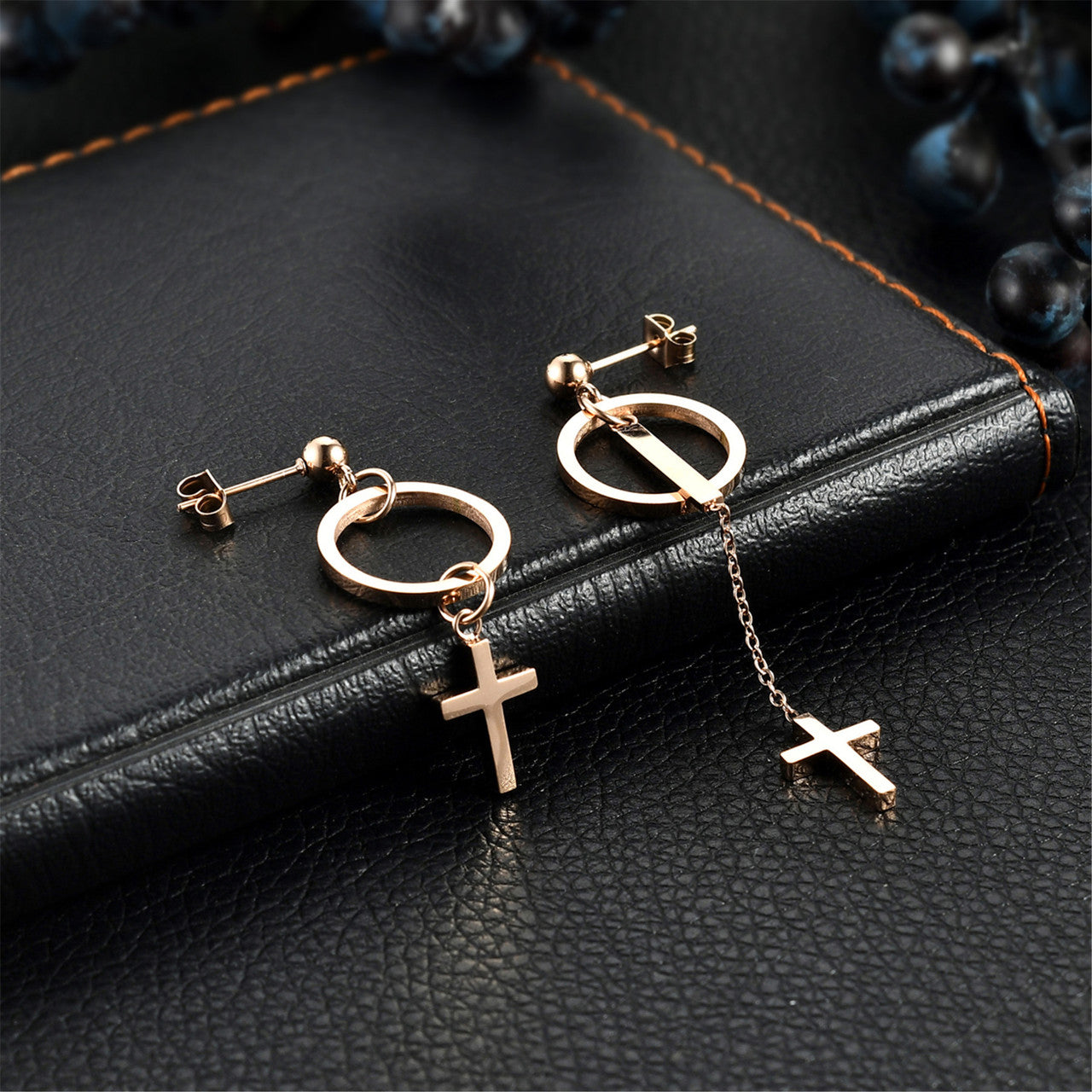 Ladies No Fade Stainless Steel Cross Circle Dangling Earrings