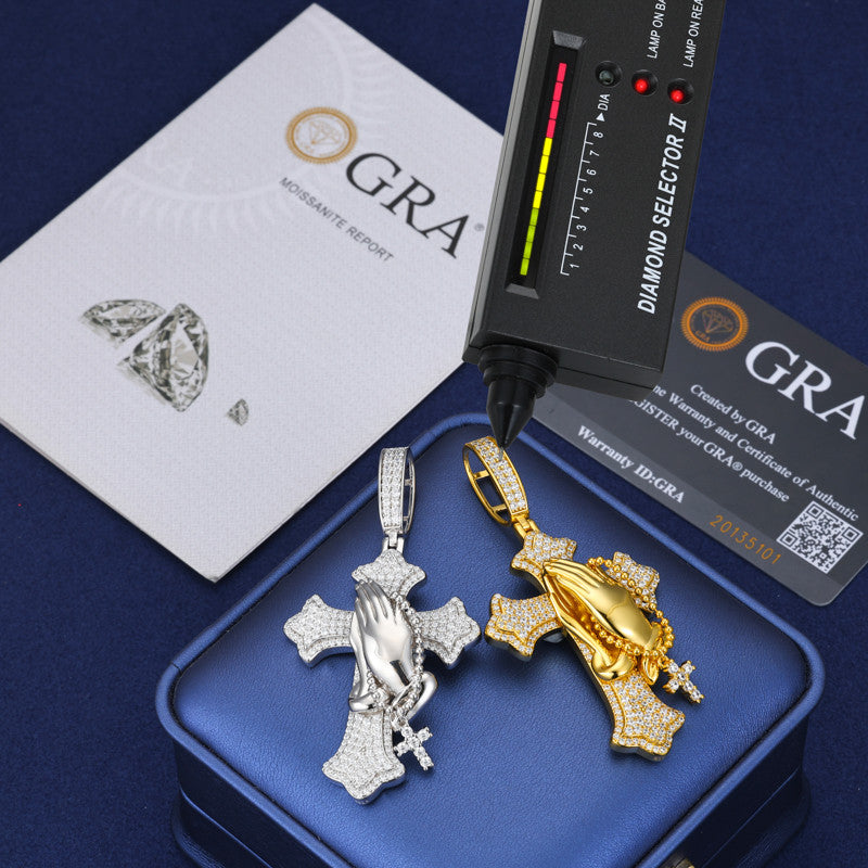 The Power Of Prayer | Solid 925 Silver Prayer Hands Cross Moissanite Diamond Hip Hop Pendant