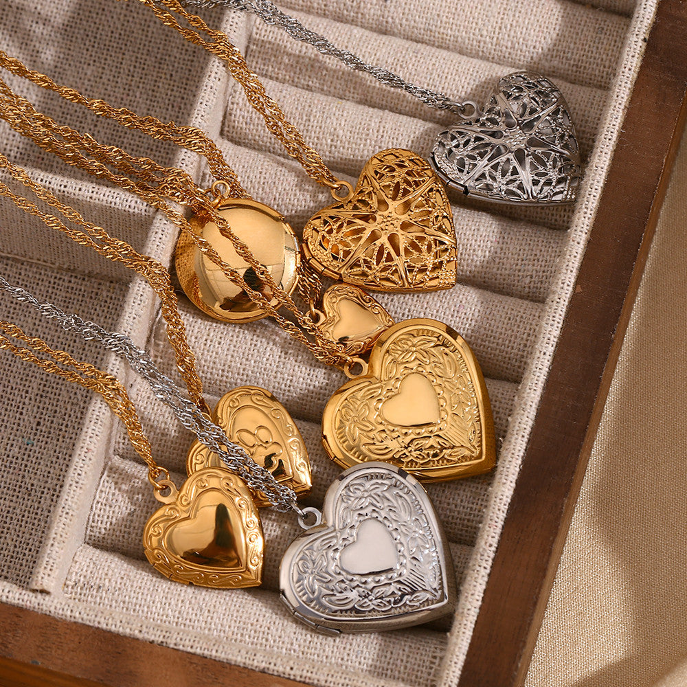 Ladies 18k Gold Waterproof Stainless Steel Flower Pattern Hollow Heart Photo Box Necklace