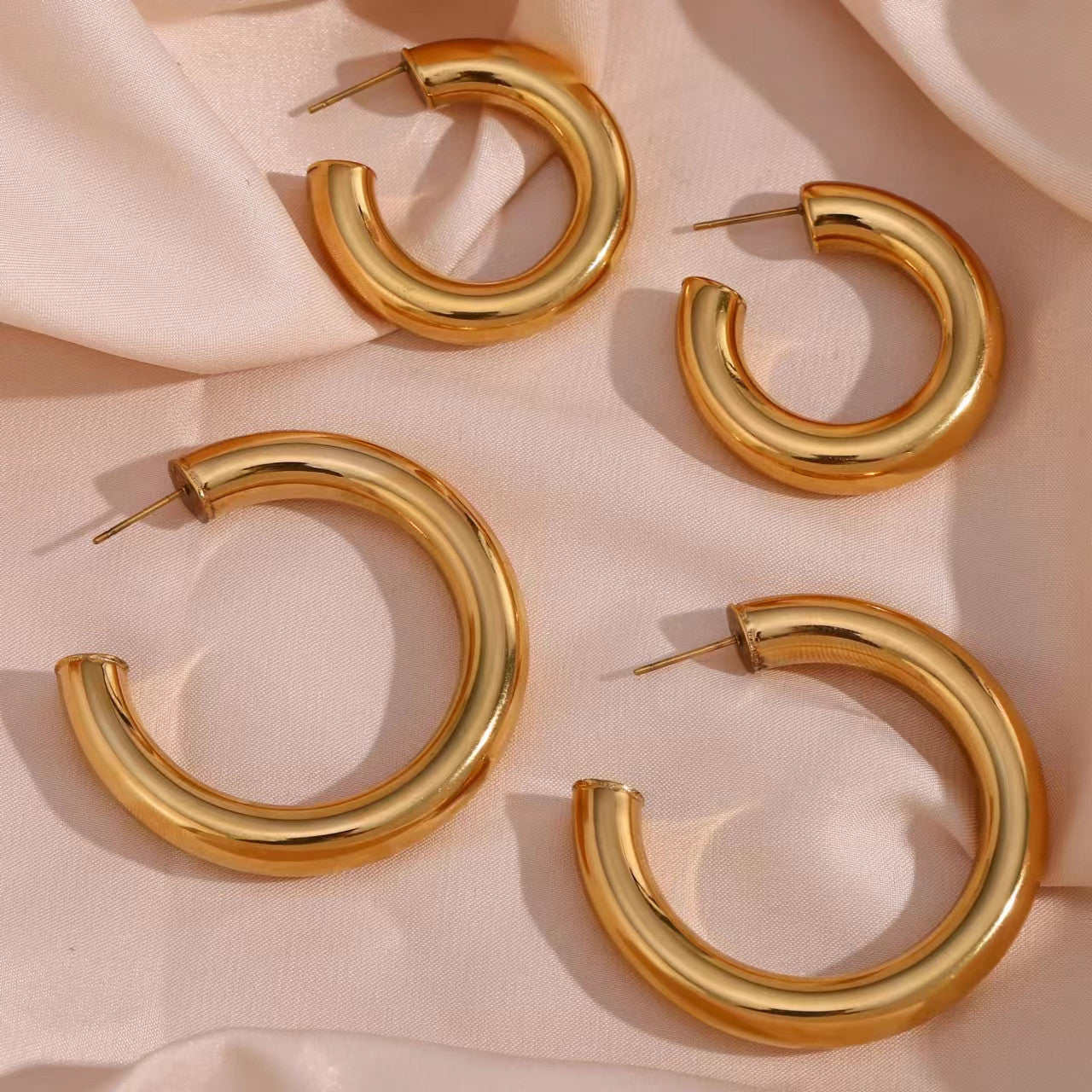 36MM 50MM 18K Gold Waterproof Stainless Steel Hypoallergenic Hollow Hoop Earrings