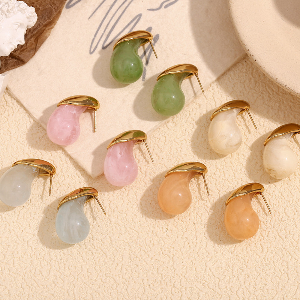 Ladies 18k Gold Waterproof Stainless Steel Summer Style Candy Colored Resin Drop Earrings