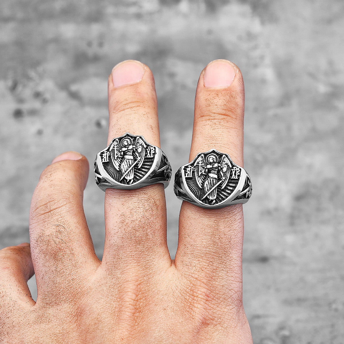 Mens Detailed 316L Stainless Steel Archangel St Michael Amulet Shield Street Wear Rings