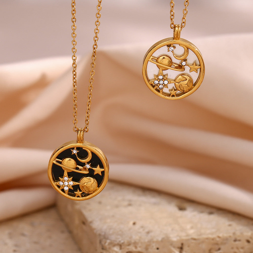 Women's Stainless Steel Black White Shell Moon Star Universe Coin 18k Gold Waterproof Necklace