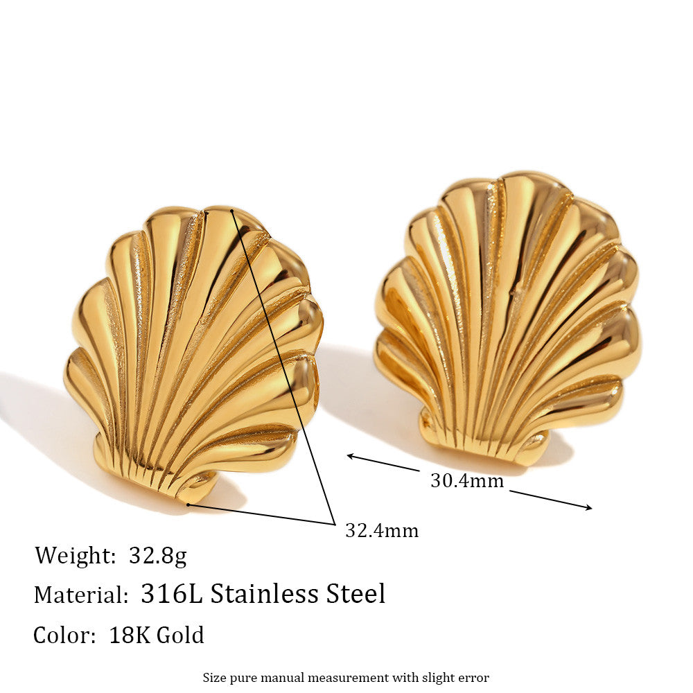 18k Gold Water Resistant Sea Shell Scallop Stud Solid Stainless Steel Boho Earrings