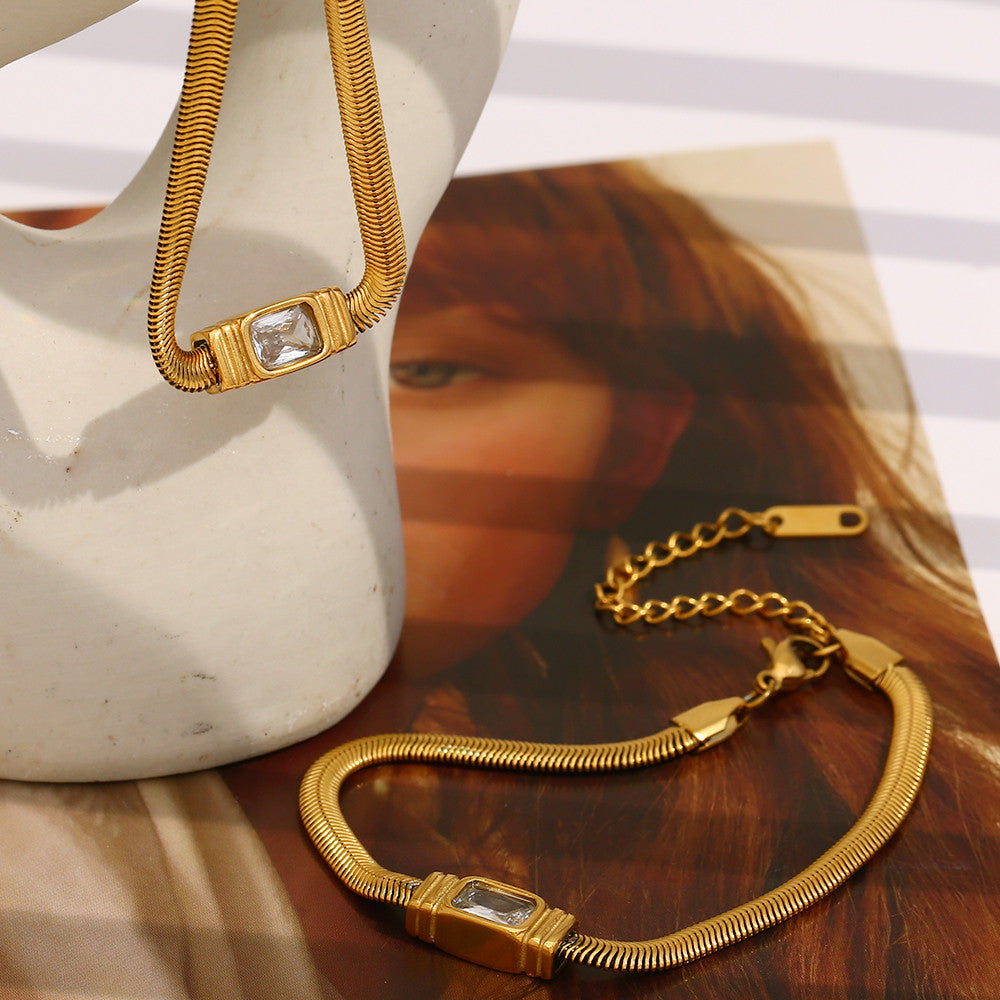 Women's 18k Gold Stainless Steel Waterproof Classic White/Red CZ Necklace Bracelet Set