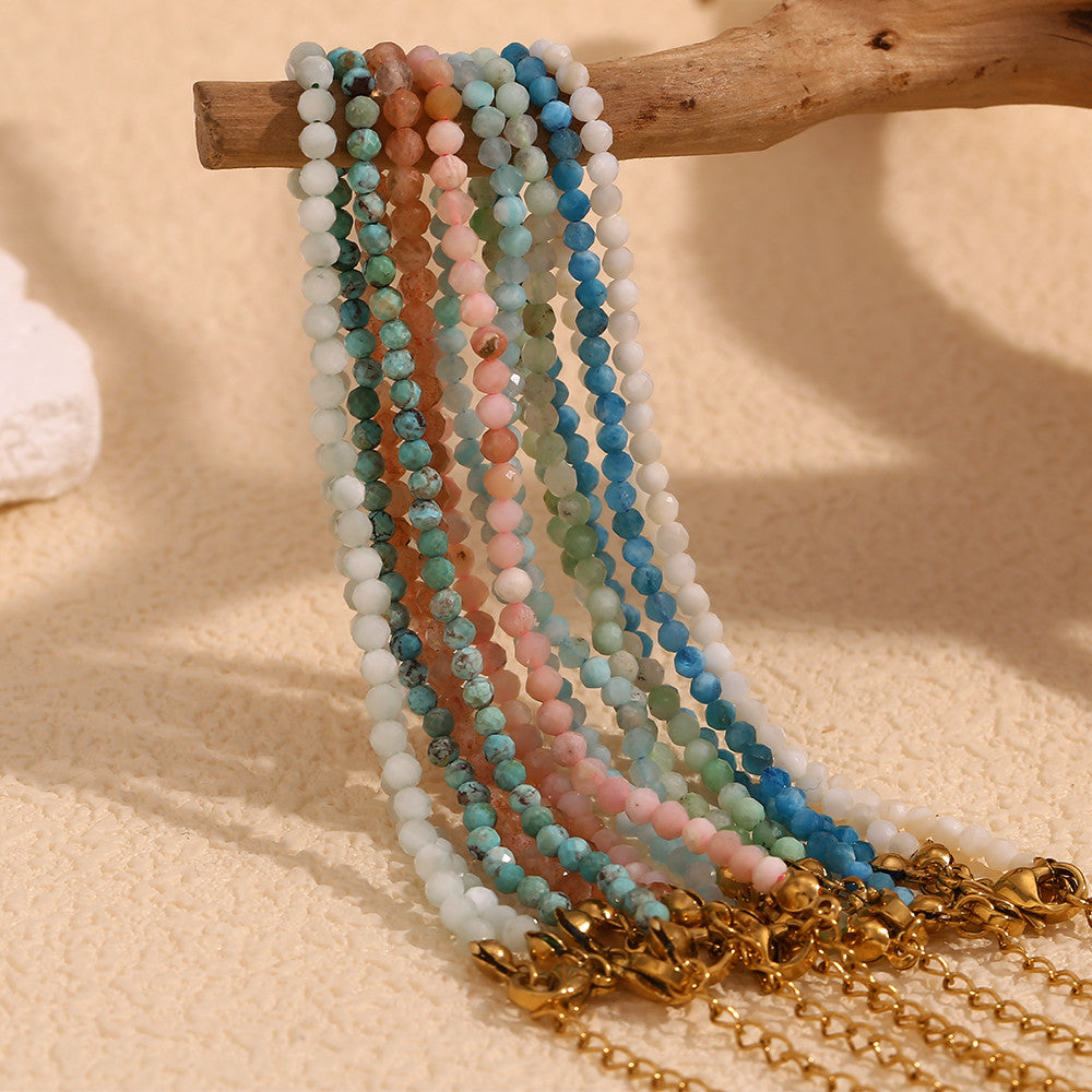 Stainless Steel Colorful Natural Stone Amazonite Round Beads 18k Gold Bracelets