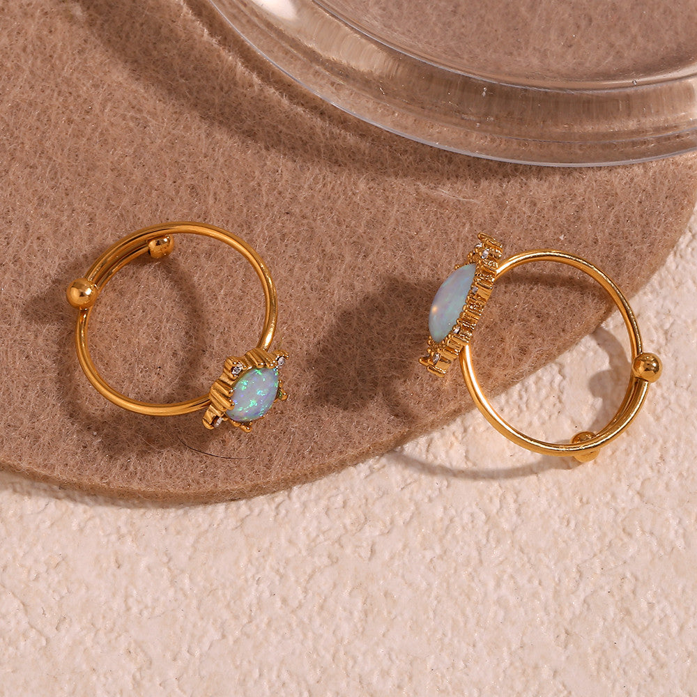 18k Gold Adjustable Circle Heart Sun Teardrop Natural Opal Stone Waterproof Rings