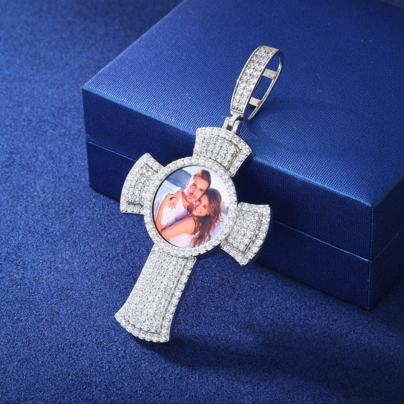 Memory Cross | Moissanite Diamond Solid 925 Silver Custom Photo Cross Iced Pendant