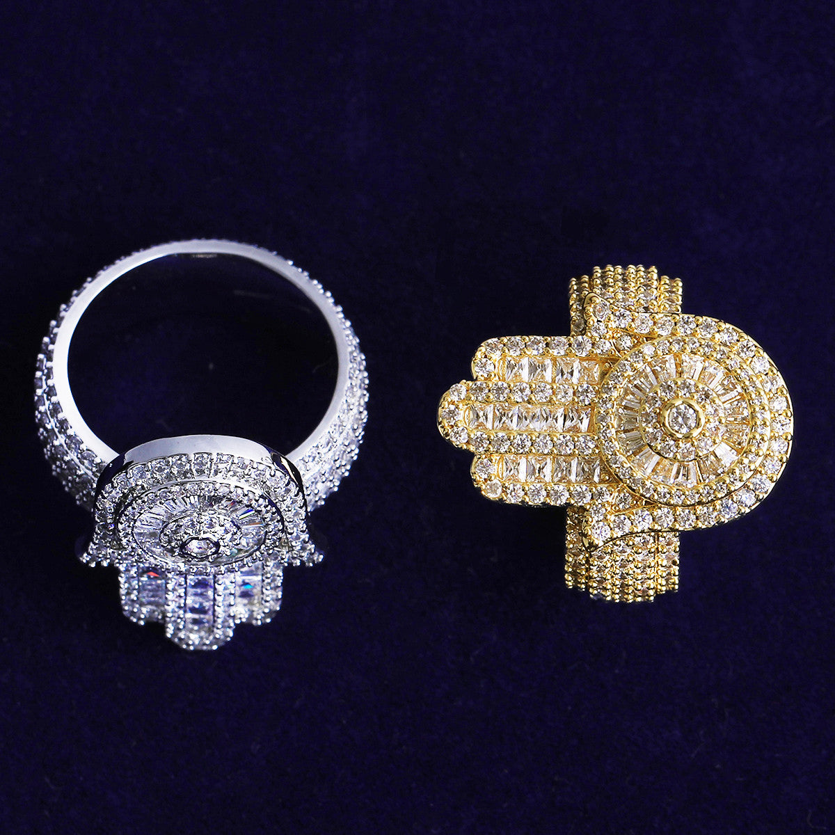 Hand To Hand | VVS Diamond CZ 925 Silver 24k Rose Gold Hamsa Hand Of Fatima Hip Hop Ring