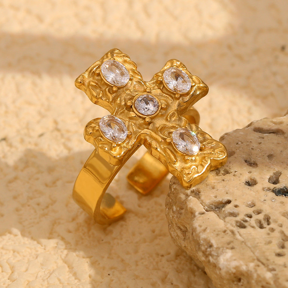 Womens Luxury 18k Gold Multicolor CZ Stainless Steel Waterproof Cross Ring