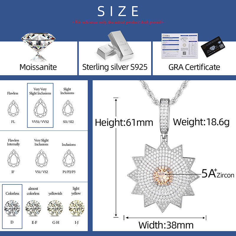 The illumined | Solid Sterling Silver Moissanite Diamond Sun God Hip Hop Pendant