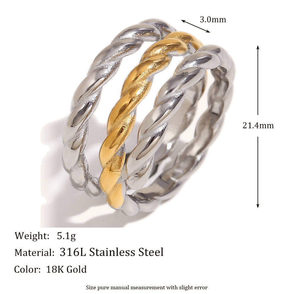 18k Gold Three Layers Twisted Opening Stainless Steel Tarnish Free Bling Ring