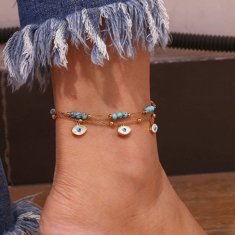 Ladies Waterproof Tarnish Free 18k Gold All Seeing Eyes Blue Turquoise Stone Ankle Bracelet