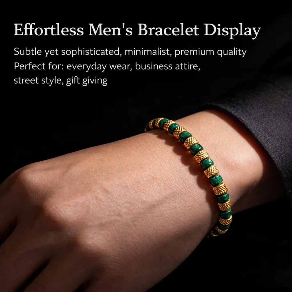 Natural Malachite |  18K Gold Over 304 Stainless Steel Mesh Beads Stone Elastic Stretch Bracelet