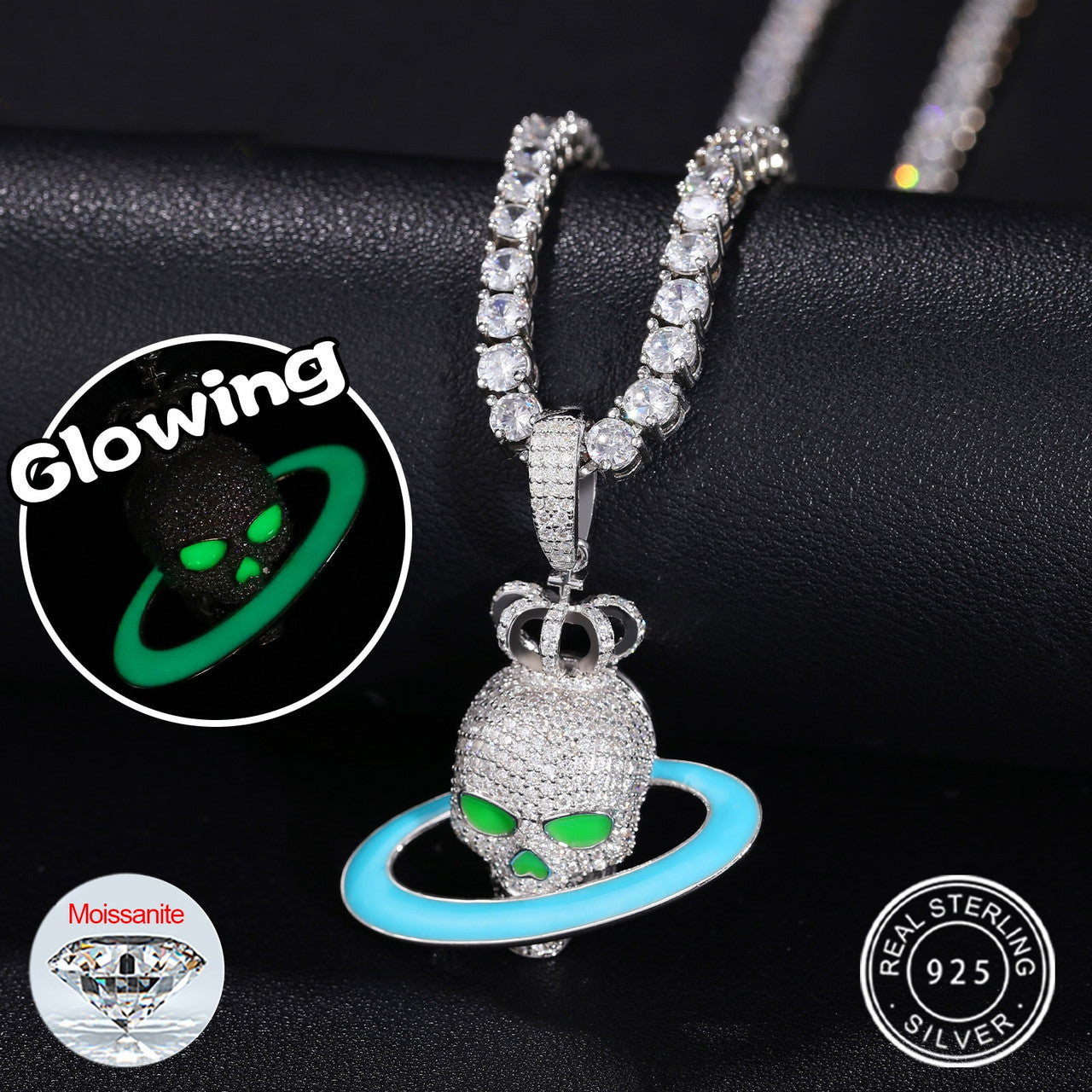 Mens Genuine Diamond Skull Head rings Of Saturn 925 Sterling Silver Hip Hop Pendant Chain