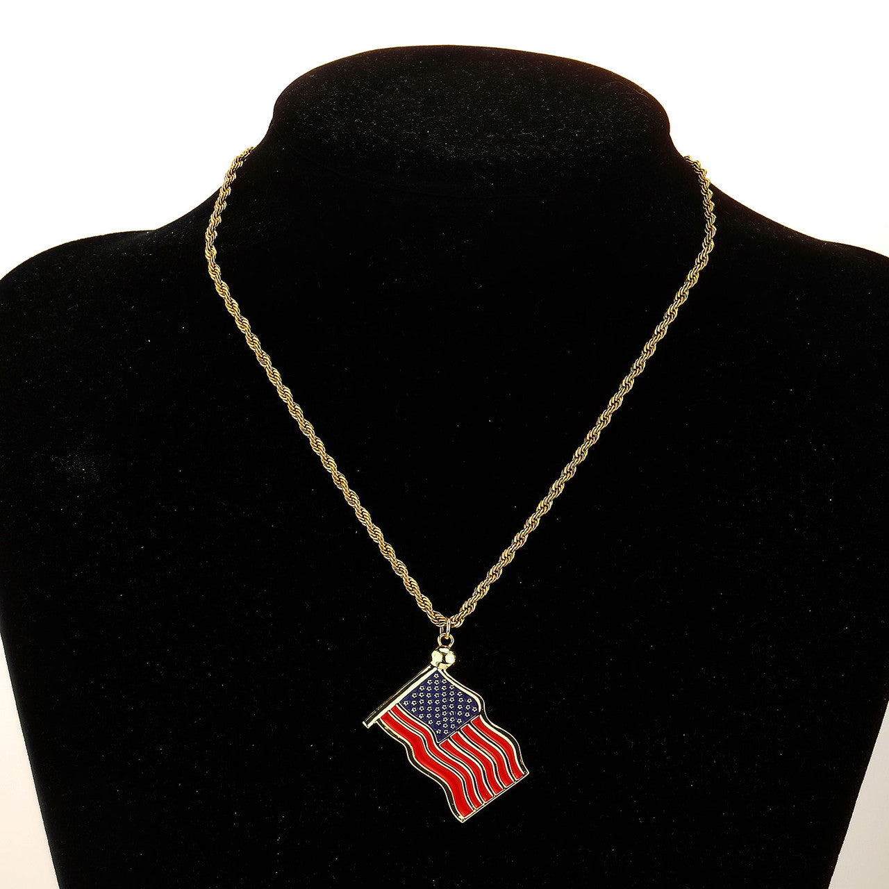 God Bless America | Red Oil American Flag 14k Gold 925 Silver Pendant Chain Necklace