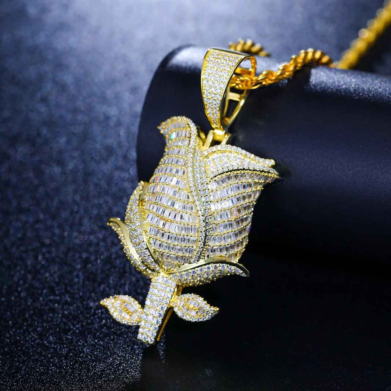 Genuine VVS Diamond Solid Sterling Silver Baguette &amp; Round Stone Rose Iced Pendant