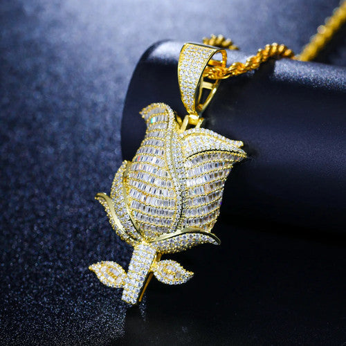 Iced Blossom | Moissanite Diamond Solid Sterling Silver Baguette & Round Stone Rose Pendant