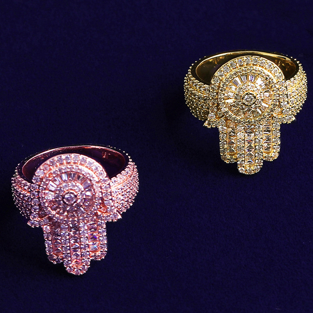Hand To Hand | VVS Diamond CZ 925 Silver 24k Rose Gold Hamsa Hand Of Fatima Hip Hop Ring