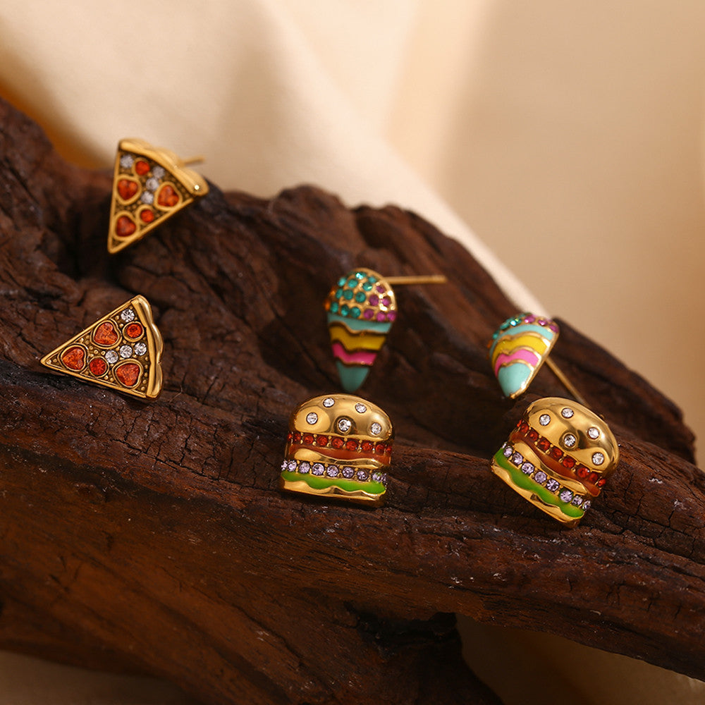 Ladies 18k Gold No Fade Summer Sweet Color Series Sandwich Pizza Ice Cream Earrings