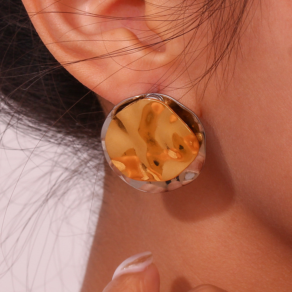 Stainless Steel Double Layer 18k Gold Silver 2 Tone Round Circle Stud Earrings