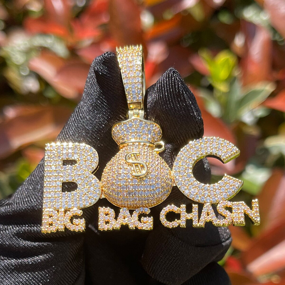 Big Bag Chasin | Iced Money Bag Blinged Out VVS Diamond CZ Hip Hop Pendant