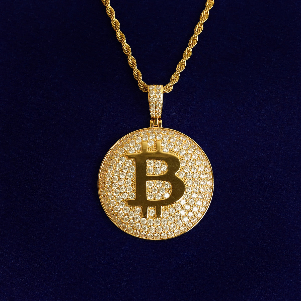 Flooded Ice 5A Stone Bitcoin 24k 925 Silver Rose Gold Hip Hop Pendant Chain Necklace