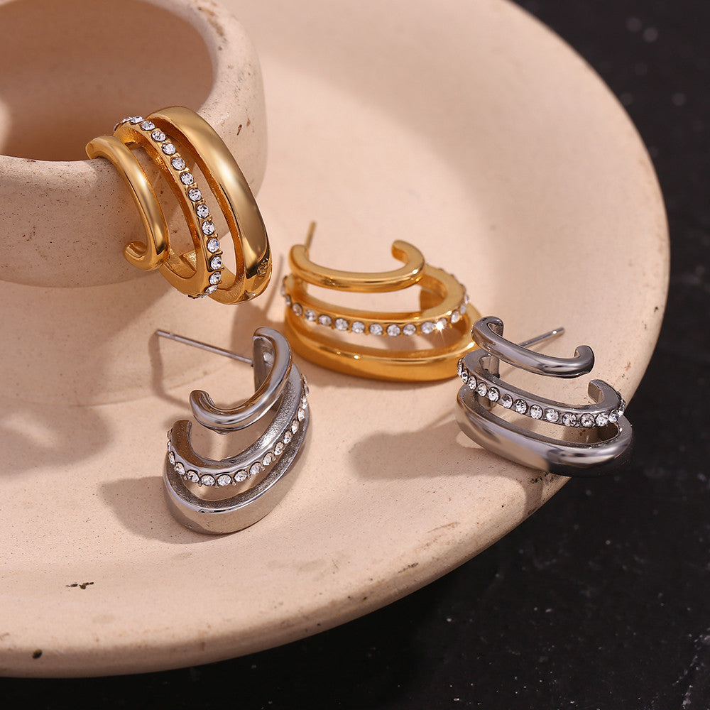 18k Gold Three layer C-shaped CZ Stone Stainless Steel Tarnish Free Earrings