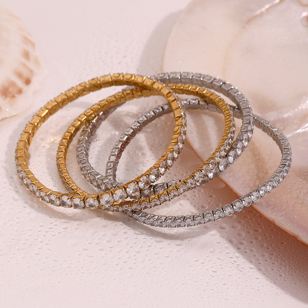 Waterproof No Fade 18k Gold Stainless Steel 3mm 4mm Elastic Square Zircon Bracelet