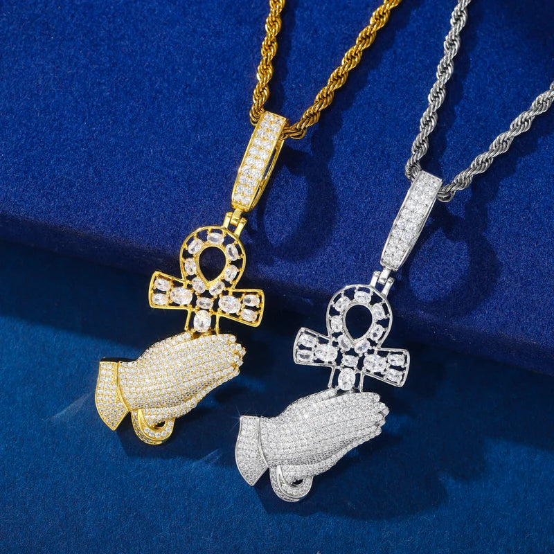 OG Praying Hands | Ancient African Moissanite Diamond Original Ankh Cross Prayer Hand Pendant