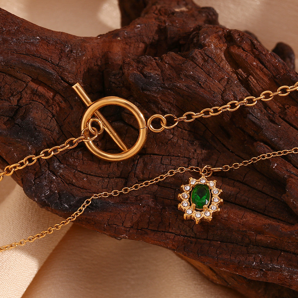 Women's Double Layer Bling CZ Buckle Necklace Water Resistant 18K Gold Pendant