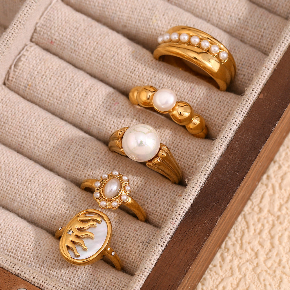 Elegant Imitation Pearl 18k Gold Water Resistant Stainless Steel Rings