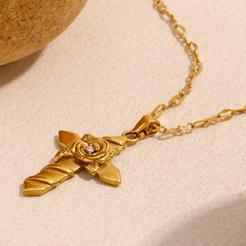 18k Gold Waterproof Rose Flower Bling Stainless Steel Hip Hop Cross Pendant Necklace