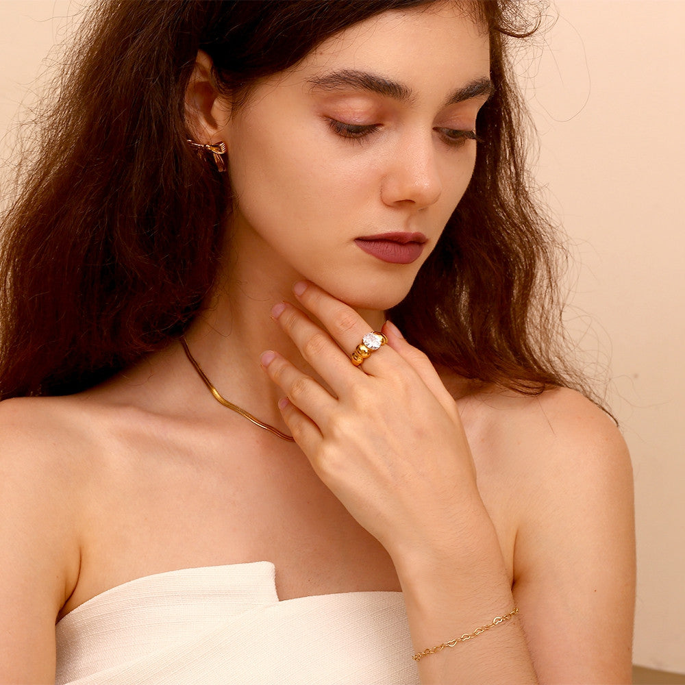 Ladies 18k Gold 316L No Fade Stainless Steel CZ Stone Round Bubble Rings